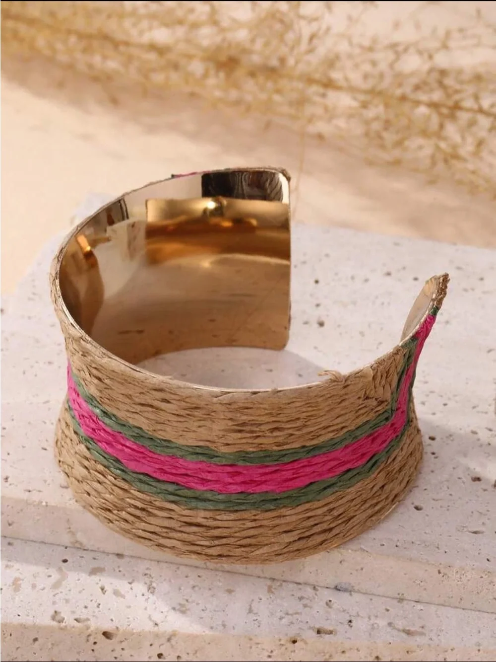 Handwoven Natural Fiber Cuff Bracelet with Pink & Green Accents